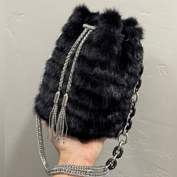 Black Multi Use Handmade Genuine Mink Fur & Drawstring Bucket Bag with 3 Straps - Picture 8 of 16